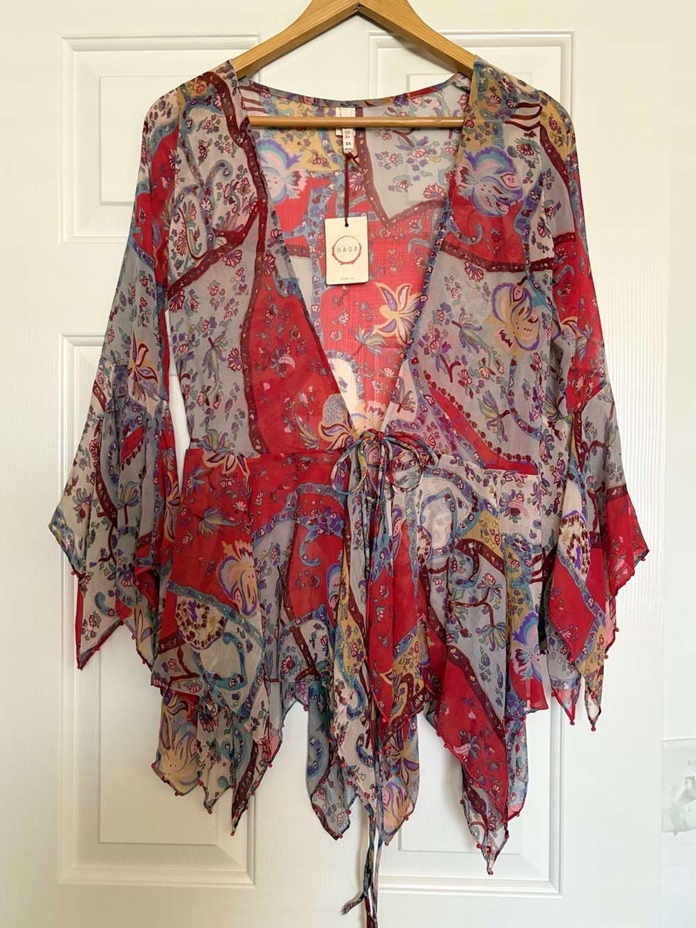 Raga Anthropologie Strawberry Fields Boho Print Beaded Sleeve Tie Top✨ NWT XS/S